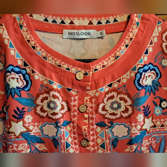 Gorgeous Misslook Tunic Blouse Mixed Media Fabric Hummingbirds Belle Sleeves XL - Picture 7 of 8